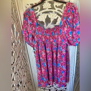 Bright Pink Floral Smocked puff sleeve Babydoll Dress